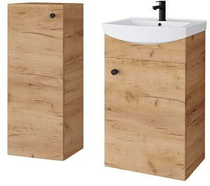 Planetmöbel Badmöbel Set Waschtisch mit Unterschrank 45 x 60 x 33 cm mit Midischrank 32 x 75 x 23 cm für Badezimmer, Gäste WC & Bad, Gold Eiche