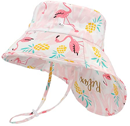 LACOFIA Baby Sonnenhut Mädchen Baumwolle Kleinkind UV Sommer Mütze Verstellbarem Kinder Breiter Krempe Strand Cap Fischerhut mit Bindebändern und Nackenschutz Rosa 2-5 Jahre