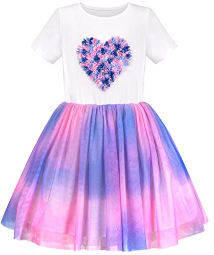 Sunny Fashion Mädchen Kleid Weiß Multicolor Tie-Dye Herz Gefaltet Tüll Party Beiläufig Gr. 116,Lila Herz,116
