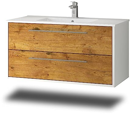 Stil.Zeit Evelia Badmöbel inkl. Waschbecken | Waschtisch mit Unterschrank 100.5 cm | Weiß/Dekor Eiche Rustikal| Metallgriffe/hängend