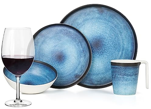 Melamin Camping Geschirr Set 4 Personen Deep Ocean + 4 Timo Rotwein Gläser Rot Weingläser Tafelgeschirr Picknick BBQ Kochgeschirr