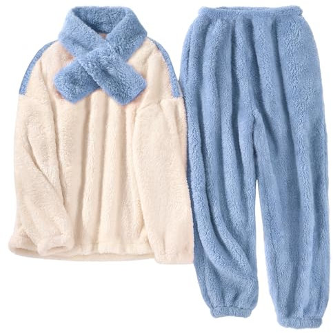 TOMEEK Pigiama da Donna Completo Invernale in Morbido Pile Polare Completo per Il Tempo Libero con Top a Maniche Lunghe Pantaloni e Sciarpa Pigiama Accogliente Pjs da Donna, Blu,Taglie XXL
