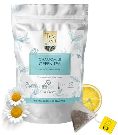 Tealeaf & Co. Chamomile Green Tea Bags with Lemon Extract and Lemongrass - Chamomile Tea - Contains Low Caffeine - Gluten Free - 50 Teabags