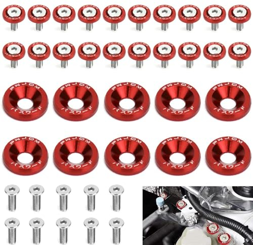 ANBOO 30 Paar M6-Unterlegscheiben, eloxiert, aus Aluminium und Schrauben aus Edelstahl, M6 x 20 mm, zur Befestigung der Stoßstange und des Schutzblechs des Autos – Rot