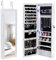 LEADZM Armoire à Bijoux avec 8LED, Meuble de Rangement Cosmétiques Mural, Organisateur de Bijoux, Placard à Accessoires avec Miroir, Divers Compartiments, Verrouillable, Cadeau Noel, Blanc Boisé