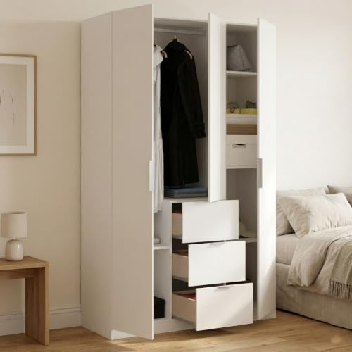 Dmora - Kleiderschrank Falterona, Garderobe für Schlafzimmer, Kleiderschrank mit 3 Flügeltüren und 3 Schubladen, 135x52h204 cm, Weiß