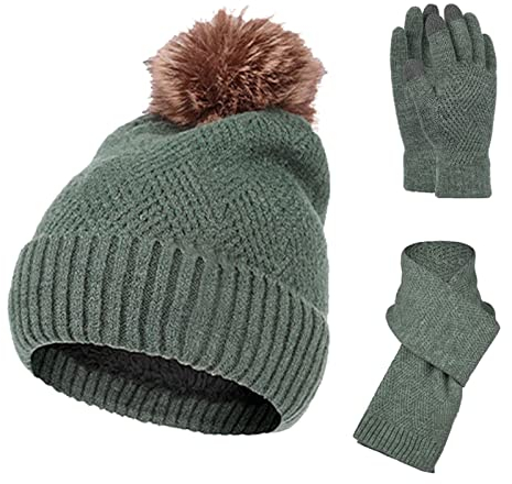 MüTze Schal & Handschuh Sets FüR Damen Weicher Warme Dicke Futter Beanie Strickmütze Jacquard Stricken Schneemuster Handschuhe Langer Schal