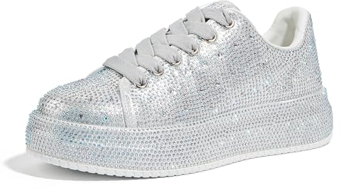 LUCKY STEP Strass-Sneaker für Damen, Plattform Funkelnde Glitzer-Bling-Tennisschuhe, Mode Hochzeit Braut Party Walking Sneakers (Silberner Strassstein, 9US-40EU-7UK)