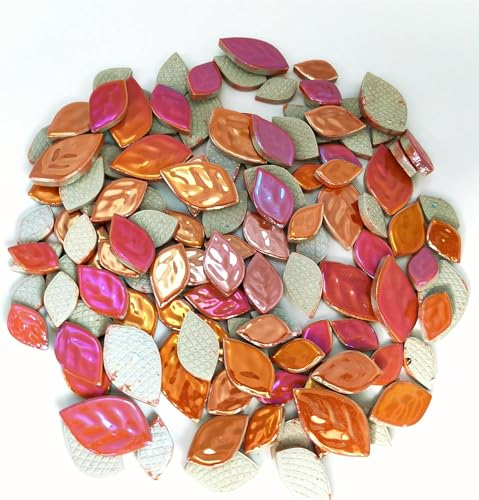 BTMIEY 500 g zufällige schillernde Blätter-Keramik-Mosaikfliesen, kreative Keramik-Mosaikstücke in 3 Größen für Bastelarbeiten, Blumentöpfe, Vasen, Tassen, Gartendekoration, Mosaikzubehör (Orange 1)
