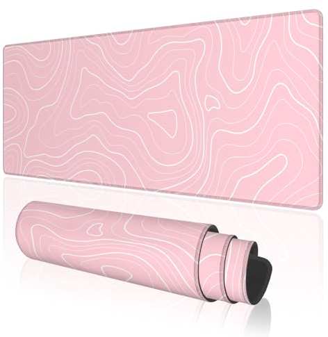 TOXXU Pink Topographic Contour Large Gaming Mouse Pad with Anti-Slip Base, Map Extended XL Mousepad for Office and Room, Cool Desk Mat with Stitched Edges for Desk, 31.5 x 11.8 in