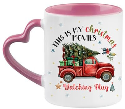 Getagift This is My Christmas Movie Watching Mug, with red Christmas Truck/Christmas Tree, Heart Handle Coffee, Tea Mug. (Pink)