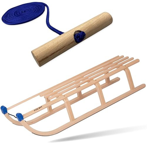 Explorer Colint Holz Holzschlitten mit Rückenlehne für Kinder ab 1 Jahr und Erwachsene und Erwachsene Set Schlitten Davos mit Leine in Blau 110cm