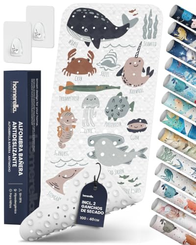 homerella Alfombrilla Bañera Antideslizante Ducha Infantil e Bebe 100x40cm | Sin BPA, con 2 Ganchos para secado rápido, Resistente al Moho, Lavable a máquina - Alfombrilla Ducha Antideslizante Bañera