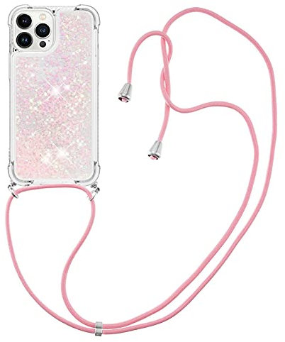 IMIRST Lanyard Case Compatible with iPhone 15 Pro Max Bling Liquid Glitter Silicone Shell Shockproof Kawaii Cover with Cord Necklace Case for Apple iPhone 15 Pro Max. LP Star Pink