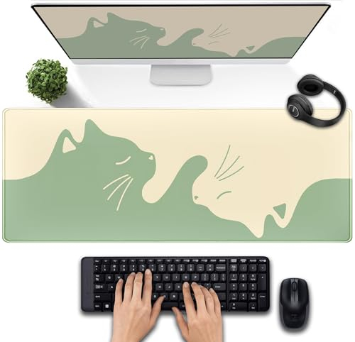 Cute Matcha Green Anime Cats Desk Mat - Kawaii Large Gaming Mouse Pad, Aesthetic XL Deskmat for Women Office Decor, Laptop Computer Keyboard Mousepad Accessories 31.5x11.8