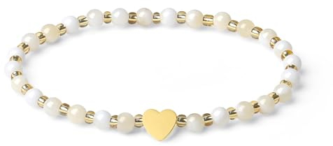MetJakt Handgemachter Naturstein Perlenarmband 4MM Mini Stretch Armband Energiearmbänder 18k vergoldet Herz Armbänder für Damen Damenschmuck Echtes (Hellgelber Jade)