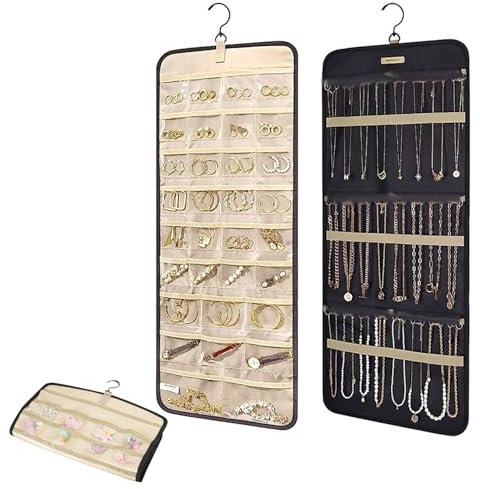 QUMENEY 1PC Hanging Jewelry Organizer Necklace Holder Dual-sided Jewelry Organizer Hanging with Metal Hooks Earring Sunglasses Tie 32 Pockets and 3 Wave-Shaped Hooks on Closet Wall Door Large Black