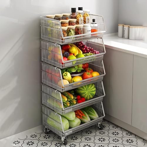 Oracra Küchenwagen Metalldraht Obst Gemüsekorb für Küche, Stehende Snack -Aufbewahrungsorganisator auf Rädern, Schwerlast Chips Süßigkeiten Display Cart Stapelbar