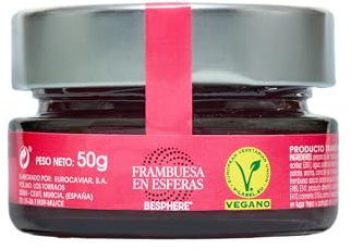 BESPHERE Perlas de Frambuesa 50 g – Caviar Vegano de Esferas de Fruta para Cócteles, Postres, Sushi y Tablas de Quesos – Sin Gluten, Color Intenso, Alta Cocina