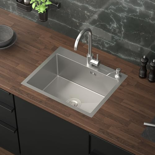 ML-Design Fregadero de Cocina de un Seno 55 x 45 cm Lavabo Sobre Encimera o Enrasado con Juego de Desagüe, Dosificador de Jabón y Rebosadero Cubeta de Acero Inoxidable Anti-condensación