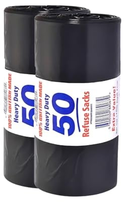 80L Black 100 Bin Bags | Heavy Plastic Refuse Sacks, 50 Bags Roll | 100% Recycled Material, Kitchen Home Office Garden