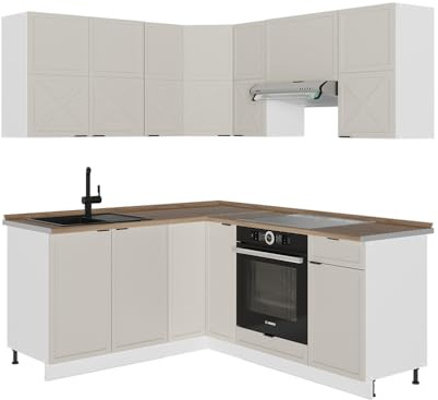 Vicco Eckküche Fame-Line, GrauBeige/Weiß, 190 x 160 cm, AP Eiche, zur individuellen Erweiterung und flexiblen Anordnung geeignet