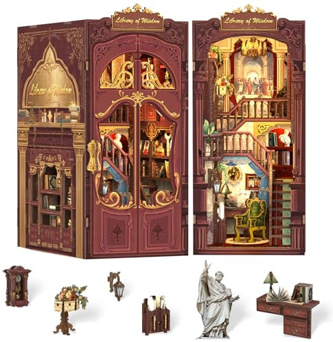 Cutefun DIY Book Nook Kit - Puppenhaus Kitaus Holz mit Staubschutzhülle,DIY Miniatur Puppenhaus Bücherecke Bibliothek Häuser Modellbausätze mit LED Leuchten Bücherregal Dekor, Library of Wisdom