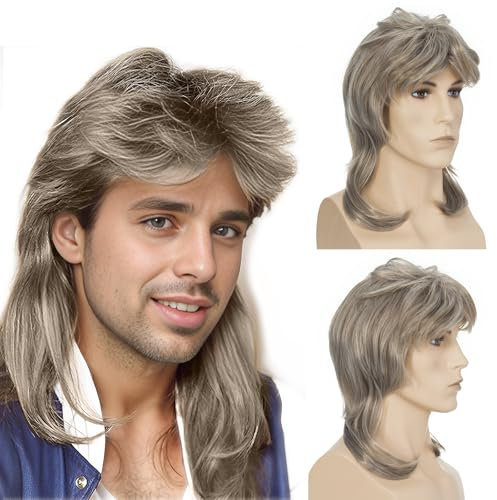 PARXITN Männer Vokuhila 70er 80er 90er Mullet Perücke Herren Lang Synthetische Haare Cosplay Halloween Kostüm Party Beweig Grau Mix Blond