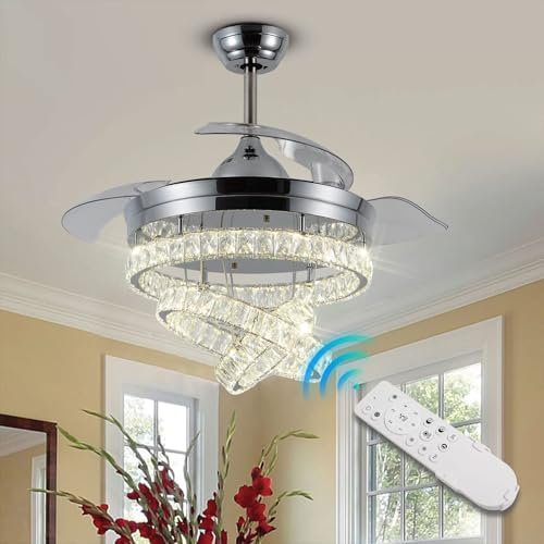 diisunbihuo 42 Chrome Dimmable Fandeliers Modern Crystal Invisible Chandelier Ceiling Fan with 3 LED Color Change Lights with Memory Function