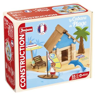 La Cabane de Plage 55 Pieces - JEUJURA - Jeu de Construction en Bois Naturel, Tapis et Accessoires Inclus, 22x18,5x8,5 cm