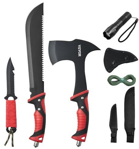 VEVOR Campingbeil und Machete-Messerset mit Scheide, Jagdmesser, Taschenlampe, Paracord, 16-Zoll-Machete, Campingaxt-Werkzeugset aus Edelstahl für Outdoor-Überleben, Jagd, Camping-Abenteuer