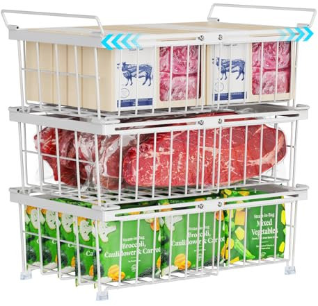 iSPECLE 3er Gefrierschrank Organizer – 283 bis 566L Gefriertruhe Korb einfache Sortierung von gefrorenen Lebensmitteln, Stapelbarer GroßGefrierbehälter aus Draht mit Griffen Leicht zu Bewegen, Weiß