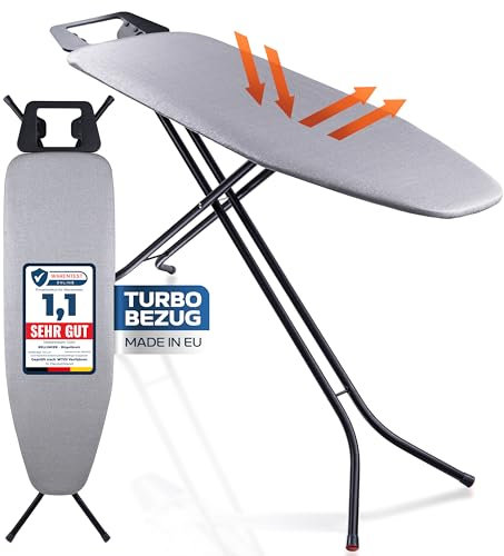 RELLINGER® Premium Bügelbrett mit Turbobezug 120x38cm Bügelfläche [EXTRA STABIL & HÖHENVERSTELLBAR] - Bügelbrett für Dampfbügelstation - Bügeltisch mit rutschfesten Füßen - Ironing Board (Made in EU)