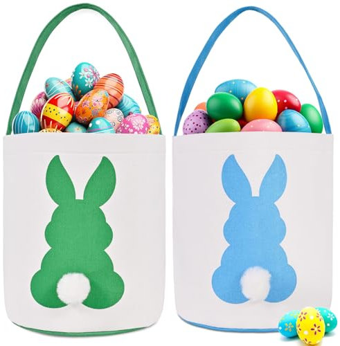 Ziwijity 2 Pack Easter Bunny Baskets for Kids - Easter Basket Bags with Handles, Canvas Rabbit Tote Bags for Easter Egg Hunts, Party Gifts, and Storage (Empty) (Green+Blue)