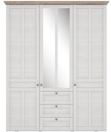 Drehtürenschrank >ILOPPA< Schnee Eiche weiss / Nelson Eiche Dekor bietet mit 155 cm Breite, 3 Türen, 3 Schubladen und 2 Kleiderstangen viel Stauraum. Inklusive Spiegel und Soft-Close-Funktion.