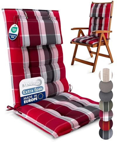 Beautissu 3er Set Premium Hochlehner Auflage Kopfpolster rutschfest robust | 120x50cm Rot Anthrazit gestreift 8cm dick Polster Gartenstuhlauflage rutschfest robust UV-Lichtechtheit 5 Sitzkissen Sun-HL