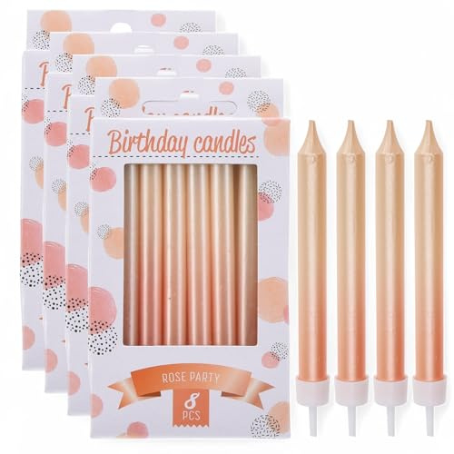 MIJOMA Geburtstagskerzen Set – 32 Kuchenkerzen mit Haltern – 8 cm lange Tortenkerzen für Geburtstag, Hochzeit, Jubiläum, Party – Hochwertige Dekokerzen für festliche Anlässe (Roségold)