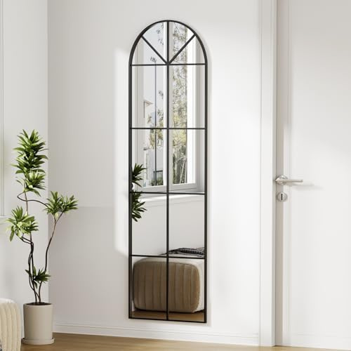 Muzilife Miroir Mural arqué 142 x 40 cm avec Cadre en Fer, Miroir de fenêtre bombé avec Cadre en métal Mat pour Chambre à Coucher, Couloir, Salle de Bain, Suspendu ou appuyé Contre Le Mur, Noir