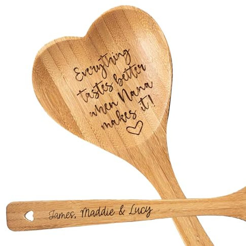 Cuillères en Bois en Forme de Cœur Personnalisées avec Nom Gravé | Cadeau pour la Fête des Mères pour Mamie, Maman | Ustensiles de Cuisine Faits avec Amour | Pour Charcuterie, Café, Apéritifs