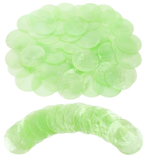 TaoQ C 60 Stück Capiz Muscheln Scheiben Runde Natürliche Muschelscheiben, 5 CM Runde Capiz Muscheln Grüne Perlmuttscheiben mit 2 Löchern für Windspielvorhang aus Muschel Garland DIY Hochzeit Haus Deko