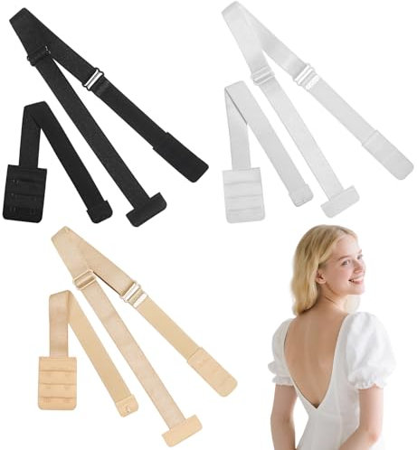 kurkip Pack of 3 Low Back Bra Converter Bra Straps Bra, 2 Hooks, Elastic Bra Extension, Soft, Comfortable and Stretchy, Adjustable Bra Low Back Converter Suitable for Women (Black, White, Skin Colour)