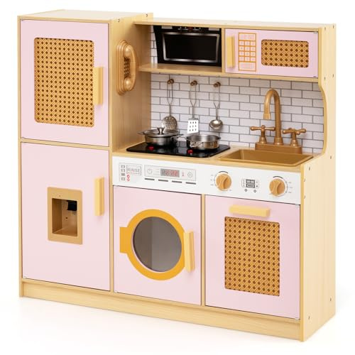 COSTWAY Kinderküche Spielküche, Holzküche Holz mit Rattantüren, Licht und Sound, Kühlschrank, Wasserspender, Waschmaschine & Kochzubehör, Spielzeugküche für Kinder ab 3 Jahre (Rosa)