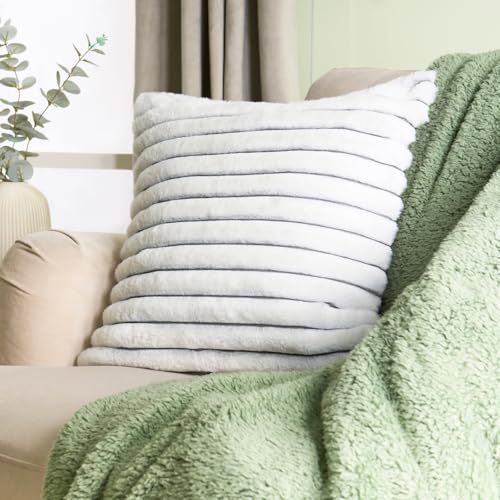 OHS Ribbed Cushion Covers 45cm x 45cm, Soft Plush Two Tone Design Decorative Square Throw Pillow Covers Pack of 2 with Invisible Zipper for Sofa Living Room Bedroom, Grey/White