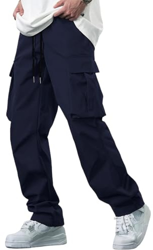 YAOBAOLE Mens Cargo Trousers Elastic Waist Cargo Trousers Drawstring Cargo Pants Men Navy 2XL