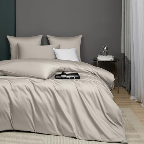 Luofanfei Kühlend Mako Satin Bettwäsche 135x200 Baumwolle Sommer Khaki | Glatt Luxus Muster Atmungsaktiv Bettwäscheset Weich und Bügelfrei Uni Bettbezug Einzelbett und Kissenbezug 80x80 cm
