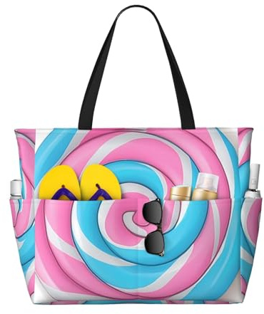 ZSUUGJ Pink Candy Strandtasche mit Reißverschlusstaschen, sanddicht, wasserdicht, Urlaubstasche für Pool, Picknick, Fitnessstudio und Reisen