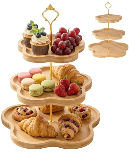 DUJUST Eleganter Holz-Cupcake-Ständer mit 3 Ebenen und Blumenform-Design, Bambus-Etagere für Cupcakes, Desserts, Hochzeiten und Dekoration im rustikalen Wohnstil, Einfach zu Montieren und zu Reinigen