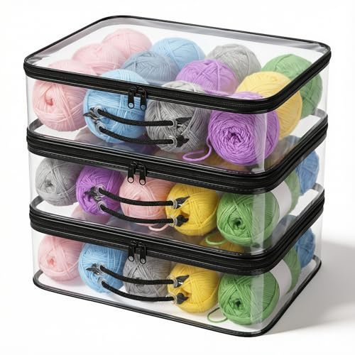 Zocipro 3Pcs Clear Yarn Storage Organiser with Handles & Zips, Saves Space | Portable, Dust-Proof Storage Bags for Knitting & Crochet Wool, Keeps Supplies Tidy