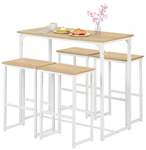 GOKHOMX Esstisch mit 4 Stühlen, Stehtisch Bartisch mit 4 Barhocker Set, für kleine Küche, Esszimmer, Wohnzimmer, Bar oder Balkon (Eiche und Weiß)