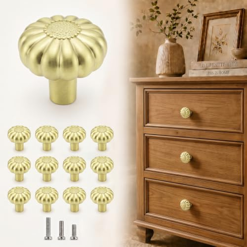 OAMCEG 12 Pack Vintage Cabinet Knobs - Gold Floral Drawer Knobs, Antique Brass Round Cupboard Handles, Decorative Furniture Door Knobs for Kitchen Cabinets, Wardrobes and Drawers